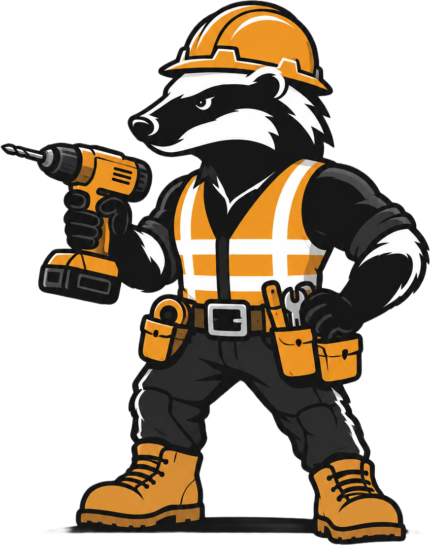Reiscore Builders Group badger mascot wearing a hard hat and holding a drill